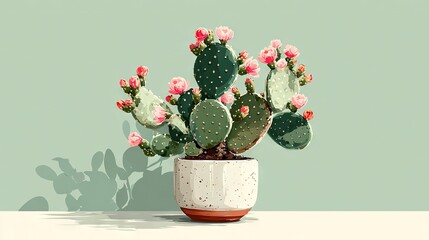   A pink-flowered cactus in a white pot sits on a green wall, casting a shadow