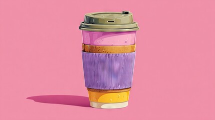  A coffee mug on a pink backdrop with a cup's shadow beneath it and a closed lid