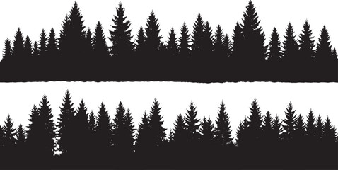 Two Horizontal Black Silhouettes of Dense Evergreen Forests on a White Background trees nature