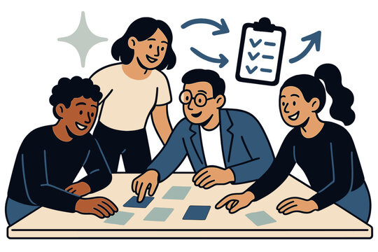 Collaborative Team Dynamics. Self-managed teams. Glowing group of colleagues gathered around shared table, organizing tasks together. Floating icons of