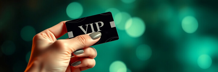 A close-up of a person's hand with manicured nails holding a black VIP loyalty card against a dreamy teal bokeh background