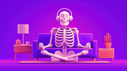 Skeleton meditating on a couch while listening to music in a purplel room 