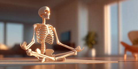 Skeleton meditating in yoga pose inside modern living room. Funny 3D concept blending Halloween humor and mindfulness lifestyle