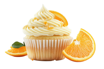 Delicious orange cupcake with creamy frosting and citrus garnish on transparent background