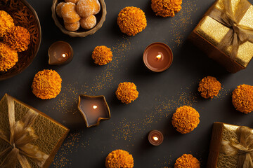 Modern diwali flat lay composition with candles sweets and gifts for festive celebration
