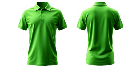 A professional mockup of a bright green short-sleeved polo shirt showing both front and back views against a plain white background