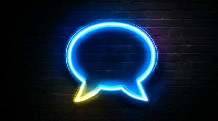 Vibrant neon speech bubble on brick wall beckons communication, a modern symbol for chat, conversation, and social connections in the digital age