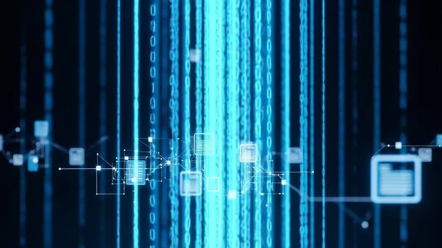 Abstract blue digital data streams with network nodes and glowing binary code - Powered by Adobe