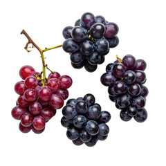 Fototapeta premium Four bunches of red and purple grapes arranged against a solid black background