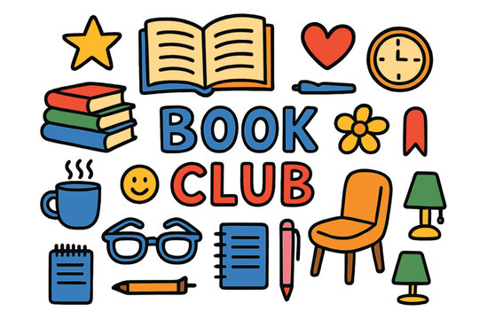 Colorful Book Club. Book Club. Colorful Hand-drawn doodle Children illustration open book, stack of books, reading glasses, coffee mug, star, heart, smiley