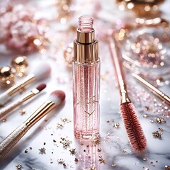 Pinklipgloss A crystal-clear lip gloss tube with glossy pink shimmer, surrounded by sparkles, scattered makeup brushes, and a marble vanity surface. isolated on white background Ultra HD