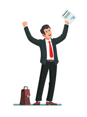 Business man in black suit celebrating success, in the hands holds a signed document. Modern flat style vector illustration clipart