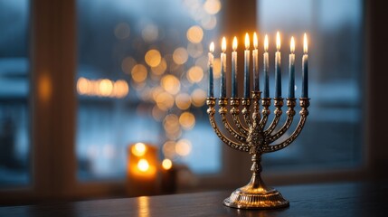 Fototapeta premium A beautifully lit menorah stands on a table casting a warm glow in a cozy indoor space. Soft bokeh lights enhance the tranquil and festive atmosphere.