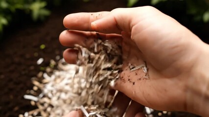 A hand holds shredded paper for composting. Adding carbon-rich material to garden soil. Recycling and sustainable living concept