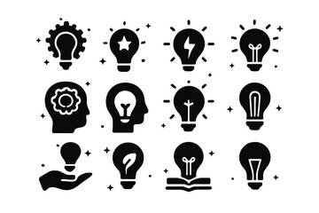 Innovative Icons Collection. Innovation symbols. Solid icons set of Innovation symbols: bulb with gear, bulb with star, bulb with lightning, bulb with rays,