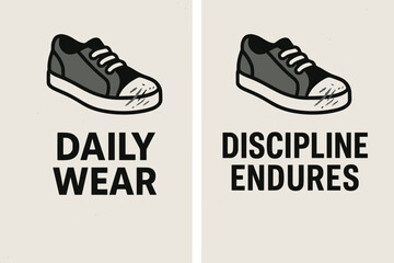 Worn Sneakers, Bold Messages. Scuffed shoes. Two vertical A6 banners with safe margins, centered composition, no elements touching edges, raw minimal style,