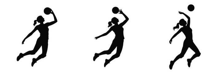Silhouette of Female Volleyball Player Spiking Ball – Woman Athlete Jumping, Sports Action, Power, Agility, Strength, Team Competition and Fitness Vector Illustration
