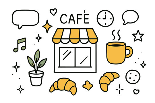 Coffeehouse Doodle Delight. Coffeehouse Vibes. Hand-drawn doodle illustration cafe window (colored), steaming mug (colored), croissant, plant (colored), chat