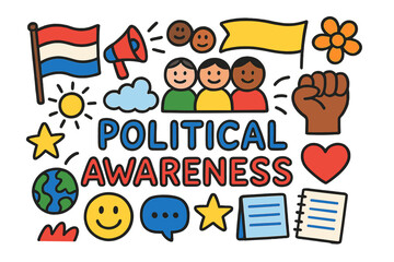 Colorful Political Doodles. Political Awareness. Colorful Hand-drawn doodle Children illustration flag, megaphone, banner, group of people, heart, star, smiley