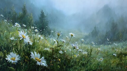   A painting depicts white daisies in a field surrounded by trees and a hazy sky