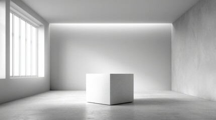 Fototapeta premium A spacious minimalist room features a white cube center stage. Natural light floods through large windows highlighting the clean lines and simple design of the space.