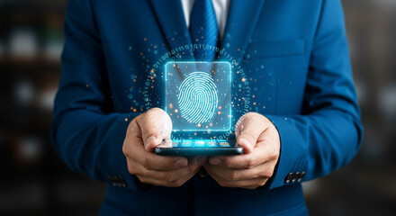 Biometric Security and Digital Identity Verification — Businessman Using Smartphone with Fingerprint Scan Hologram