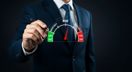 Fototapeta premium Risk Management and Business Analysis Concept — Businessman Evaluating Risk Level on Virtual Gauge