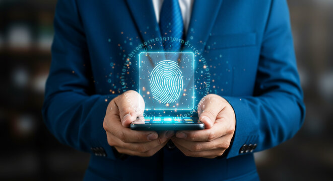 Biometric Security and Digital Identity Verification — Businessman Using Smartphone with Fingerprint Scan Hologram