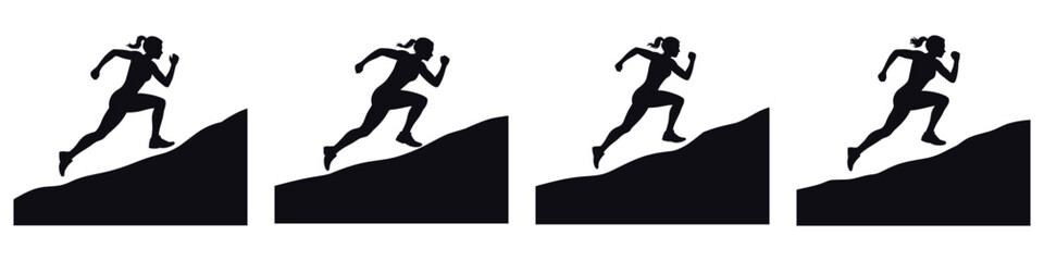 Silhouette of Woman Running Uphill – Female Athlete Sprinting on Mountain Trail, Endurance Training, Strength, Determination, Outdoor Fitness and Motivation Vector Illustration
