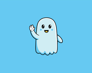 Cute Cartoon Ghost Waving Hello Illustration | Friendly Ghost Character Halloween Design