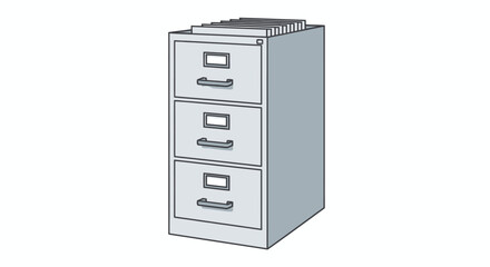 A simple gray illustration of a vertical three-drawer metal office filing cabinet.