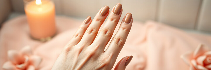 Close-up of a female hand with a professional manicure featuring glossy brown nail polish on long oval-shaped nails against a soft blurred background