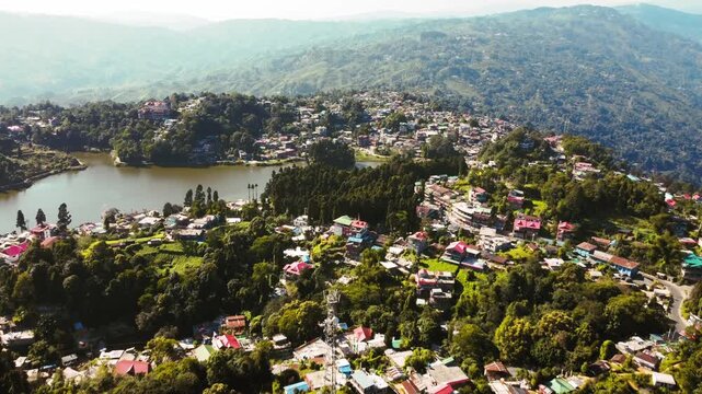 Aerial View of Mirik Town Featuring Sumendu Lake, Mirik Park and Surrounding Himalayan Landscape in West Bengal, India
