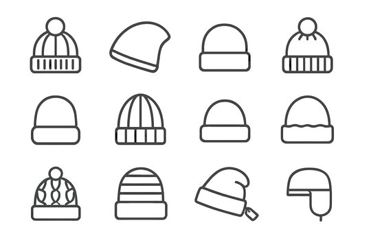Winter Hat Icons. Winter hats. Line icon set of Winter hats: knitted beanie, slouchy beanie, cuffed beanie, pom-pom beanie, wool hat, ribbed beanie, folded