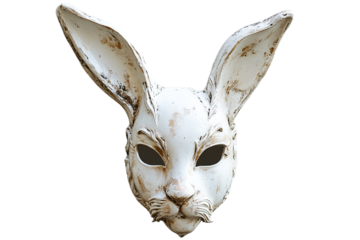 Distressed white rabbit mask with hollow eyes isolated on transparent background