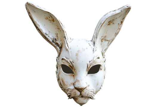 Distressed white rabbit mask with hollow eyes isolated on transparent background