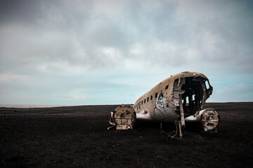 Abandoned plane wreck on Solheimasandur black sand beach, Iceland.