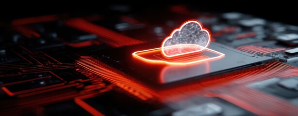 The Cloud Icon on a Glowing Microchip Representing Secure Cloud Computing and Data Infrastructure