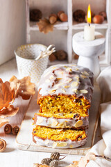 Pumpkin cake with chocolate and icing, prepared for a Halloween party.