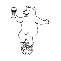 A cheerful bear rides a unicycle while holding a glass of wine, enjoying a fun and carefree moment. This illustration perfect for designs about fun, parties, or whimsical adventures. © Elvira