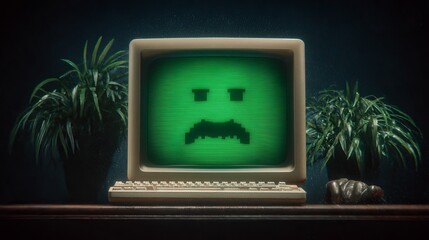 Retro old computer with pixel frown screen sad face virus