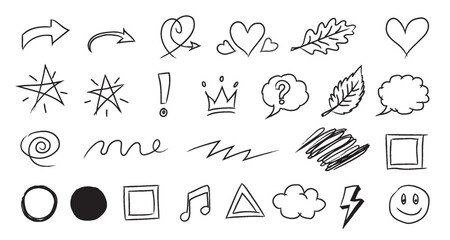 Collection of hand drawn doodle icons and symbols in black and white for creative design elements