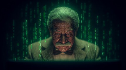 Elderly hacker in green matrix code