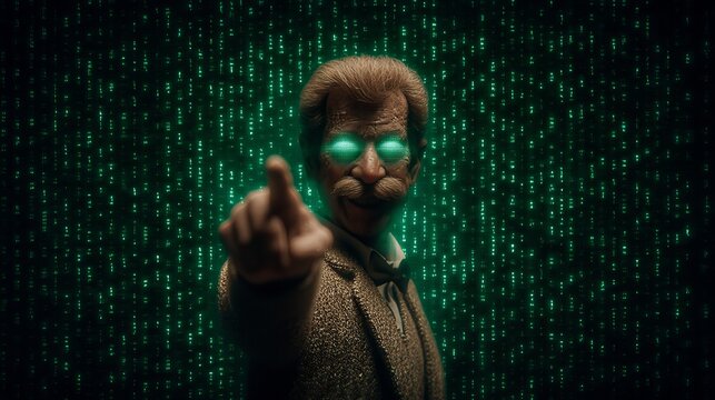Cyberpunk elder pointing with glowing eyes in matrix code - Powered by Adobe
