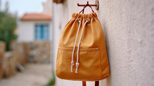 Stylish drawstring backpack hanging on rustic wall in serene urban setting