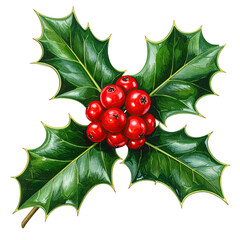A realistic illustration of a holly sprig with sharp, glossy leaves and bright red berries