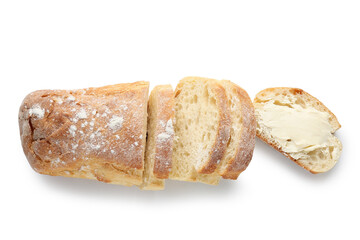 Sliced bread with butter on white background