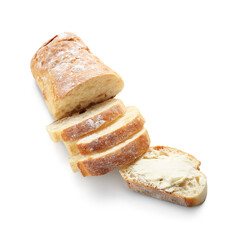 Sliced bread with butter on white background