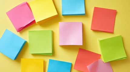 Brightly colored sticky notes in various shades are scattered across a sunny yellow surface creating an energetic and playful atmosphere. Ideal for brainstorming or organizing ideas.
