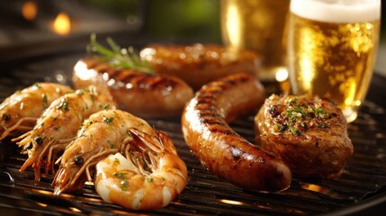 A backyard barbecue scene shows grilled shrimp and various sausages sizzling on the grill. Cold beers are nearby perfect for a summer gathering with friends.